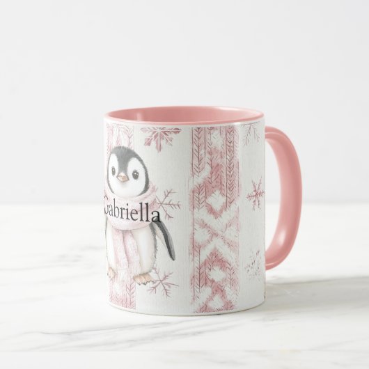 Roze Pinguïn Sneeuwvlokken Kerstmis Mok (Voorkant rechts)