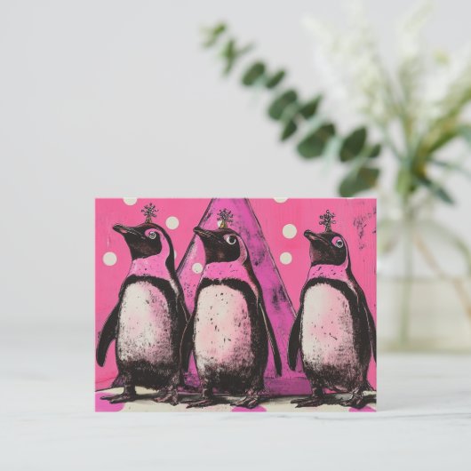 Roze pinguïns briefkaart (Staand voorkant)
