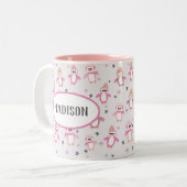 Roze pinguïns Kinder kerst Tweekleurige Koffiemok (Voorkant links)