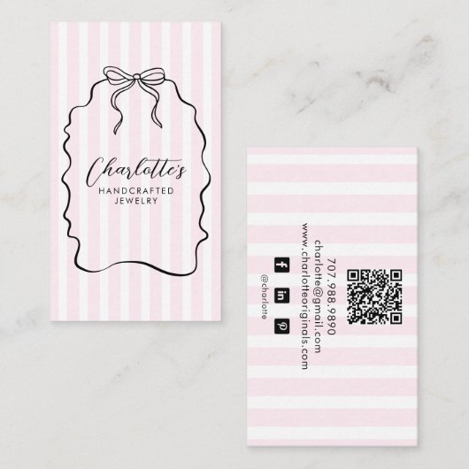 Roze Pinstripe Ribbon Doodle Sieraden Designer Visitekaartje (Voorkant / Achterkant)
