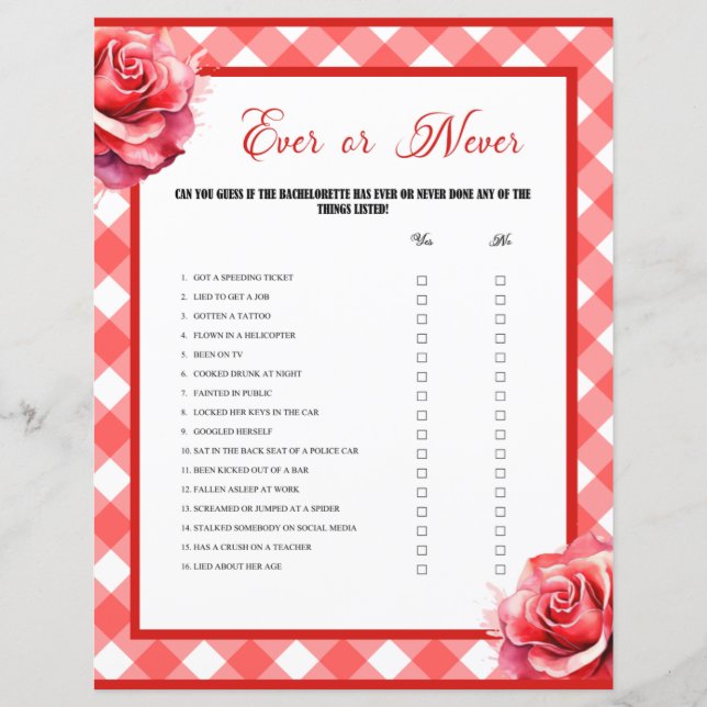 Roze Pinup Bachelorette Party Ever or Never Game (Voorkant)