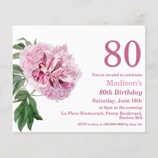 Roze Pioen | 80e Budget Verjaardag Uitnodiging (Voorkant)