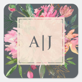 Roze Pioen Bloem Botanisch Monogram Vierkante Sticker