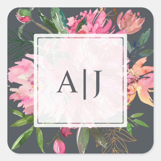 Roze Pioen Bloem Botanisch Monogram Vierkante Sticker (Voorkant)