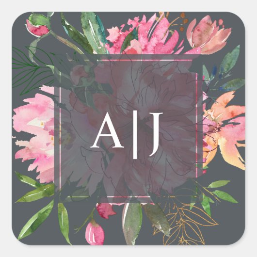 Roze Pioen Bloem Botanisch Monogram Vierkante Sticker (Voorkant)