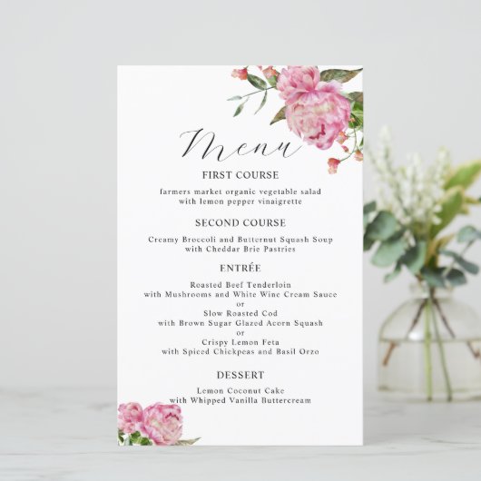 Roze Pioen Bloem Bruiloft Diner Menu (Staand voorkant)