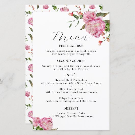 Roze Pioen Bloem Bruiloft Diner Menu (Voorkant / Achterkant)