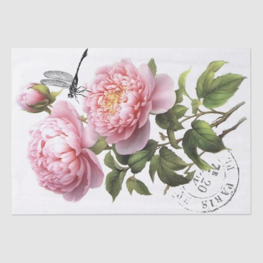 Roze Pioen Bloem Dragonfly Franse Postmark Craft Tissuepapier (Voorkant)