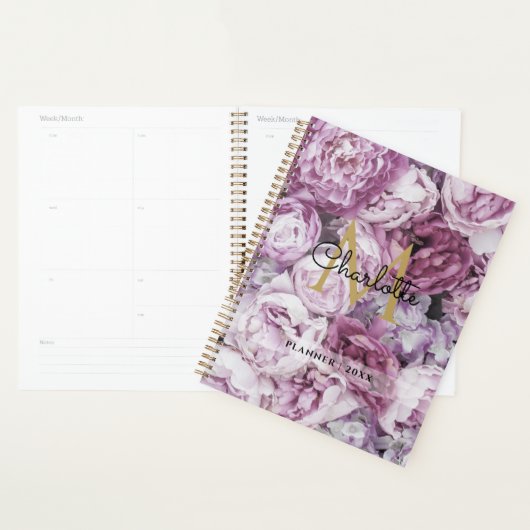 Roze Pioen Bloem Goud Monogram Script 2023 Planner (Display)