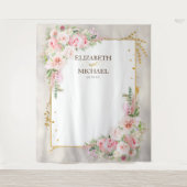 Roze Pioen Bloem Goud Schrift & Frame Achtergrond Wandkleed (Voorkant)