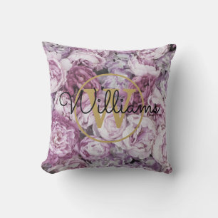 Roze Pioen Bloem Gouden Monogram Naam Kussen