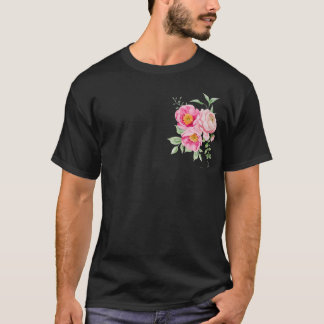 Roze Pioen Bloem Grafische T-Shirt Zwart