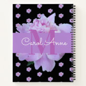 Roze Pioen Bloem Paarse Monogram Zwart Notitieboek (Achterkant)