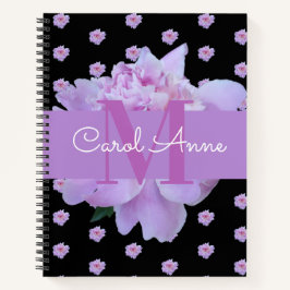 Roze Pioen Bloem Paarse Monogram Zwart Notitieboek