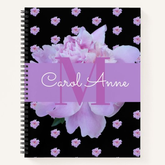 Roze Pioen Bloem Paarse Monogram Zwart Notitieboek (Voorkant)