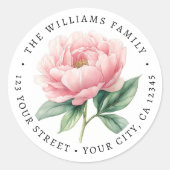 Roze pioen bloem schilderij retour adres ronde sticker (Voorkant)
