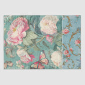 Roze Pioen Bloem Vlinder Blauwgroen Decoupage Rand Tissuepapier (Voorkant)