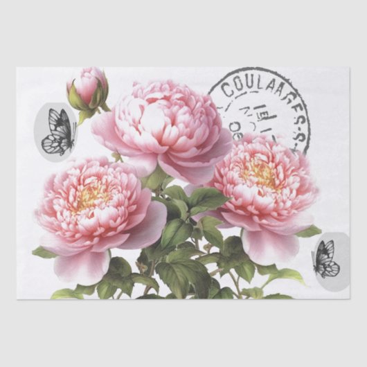 Roze Pioen Bloem Vlinder Frans Postmark Craft Tissuepapier (Voorkant)