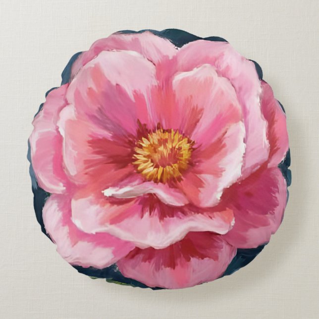 Roze Pioen Bloem Waterverf Bloemstuk Rond Kussen (Voorkant)