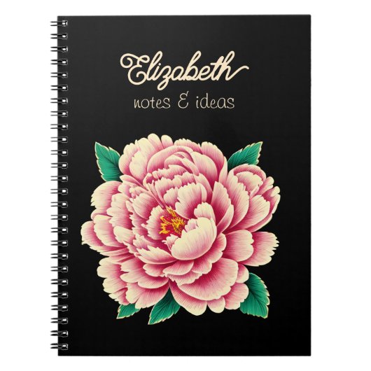 Roze Pioen Bloem Zwart Happy Moederdag Notitieboek (Voorkant)