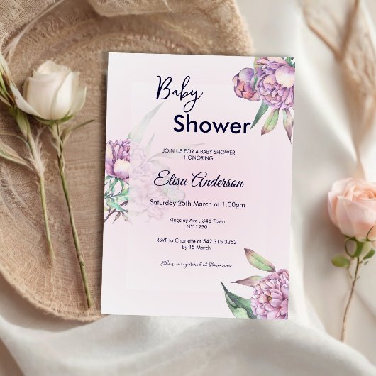 Roze Pioen Bloemen Baby shower Invitation Kaart