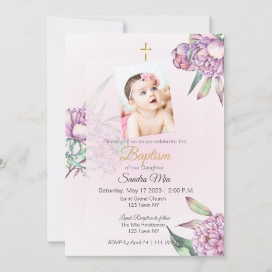 Roze Pioen Bloemen Baptisme Uitnodiging (Voorkant)