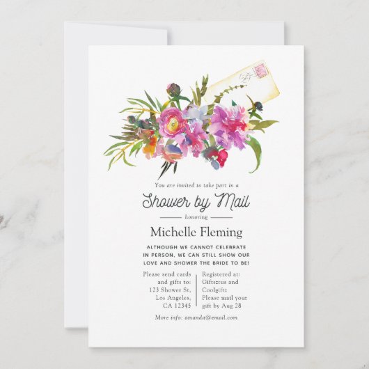 Roze Pioen Bloemen Bruidsfeest Uitnodiging per Pos (Voorkant)