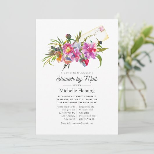 Roze Pioen Bloemen Bruidsfeest Uitnodiging per Pos (Staand voorkant)