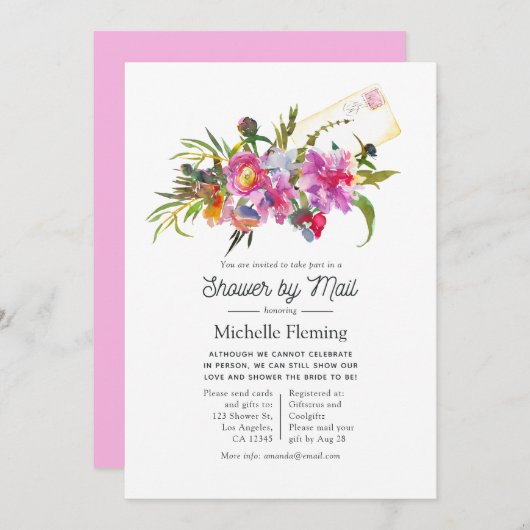 Roze Pioen Bloemen Bruidsfeest Uitnodiging per Pos (Voorkant / Achterkant)