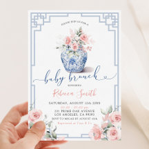 Roze Pioen Bloemen Chinoiserie Baby Brunch