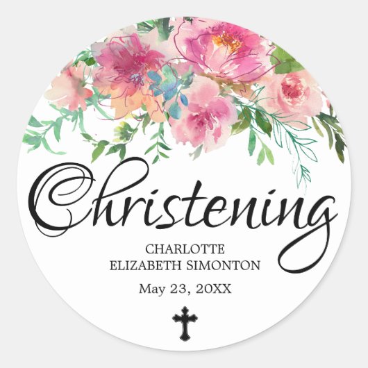 Roze Pioen Bloemen en Kruis doopsel Ronde Sticker (Voorkant)
