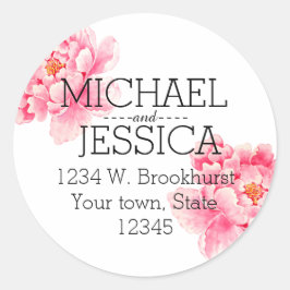 Roze Pioen Bloemen Gepersonaliseerd adres Ronde Sticker