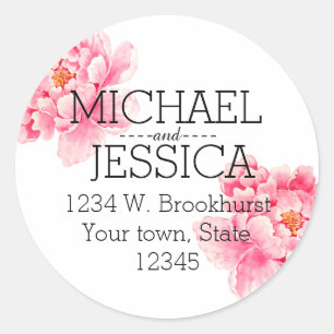 Roze Pioen Bloemen Gepersonaliseerd adres Ronde Sticker