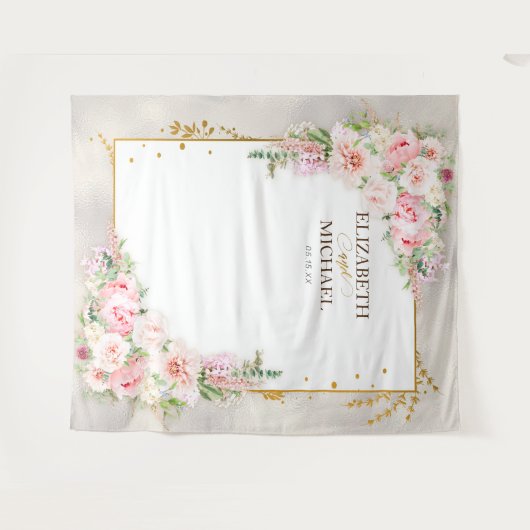 Roze Pioen Bloemen Goud Script & Lijst Achtergrond Wandkleed (Voorkant (horizontaal))