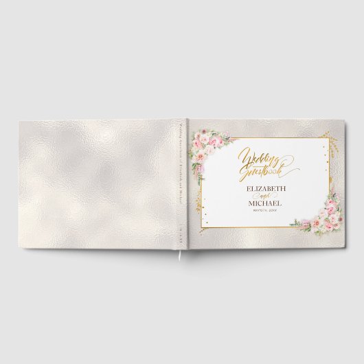Roze Pioen Bloemen Goud Script & Lijst Bruiloft Gastenboek (Volledig)