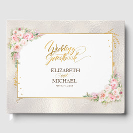 Roze Pioen Bloemen Goud Script & Lijst Bruiloft Gastenboek