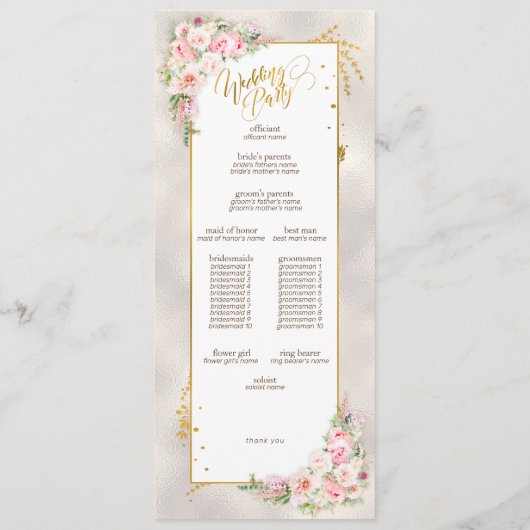 Roze Pioen Bloemen Goud Script & Lijst Bruiloft Programmakaart (Achterkant)