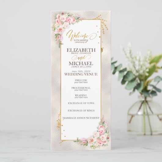 Roze Pioen Bloemen Goud Script & Lijst Bruiloft Programmakaart (Staand voorkant)