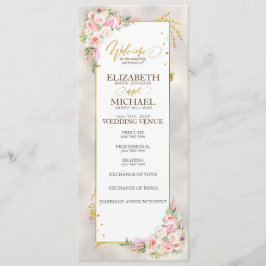 Roze Pioen Bloemen Goud Script & Lijst Bruiloft Programmakaart