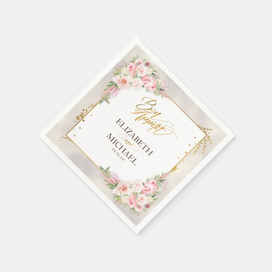 Roze Pioen Bloemen Goud Script & Lijst Bruiloft Servet (Hoek)