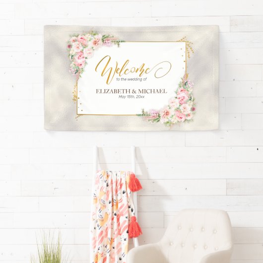 Roze Pioen Bloemen Goud Script & Lijst Bruiloft Spandoek (Insitu)