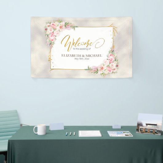 Roze Pioen Bloemen Goud Script & Lijst Bruiloft Spandoek (Beurs)