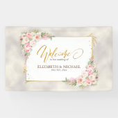 Roze Pioen Bloemen Goud Script & Lijst Bruiloft Spandoek (Horizontaal)