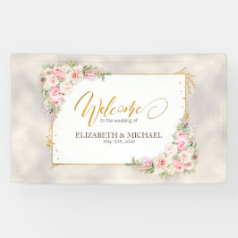 Roze Pioen Bloemen Goud Script & Lijst Bruiloft Spandoek