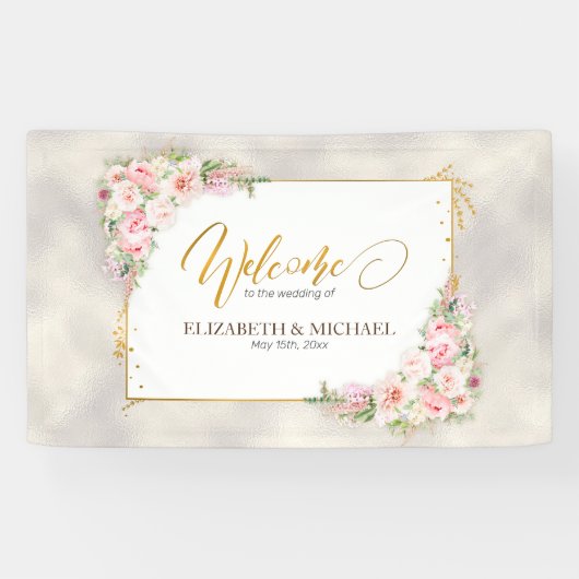 Roze Pioen Bloemen Goud Script & Lijst Bruiloft Spandoek (Horizontaal)