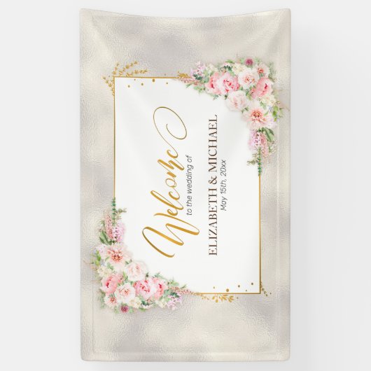 Roze Pioen Bloemen Goud Script & Lijst Bruiloft Spandoek (Verticaal)