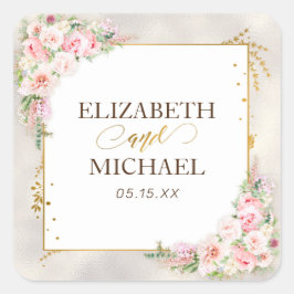 Roze Pioen Bloemen Goud Script & Lijst Bruiloft Vierkante Sticker
