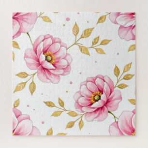 Roze Pioen Bloemen Gouden Bladeren Patroon Legpuzzel