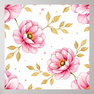 Roze Pioen Bloemen Gouden Bladeren Patroon Poster