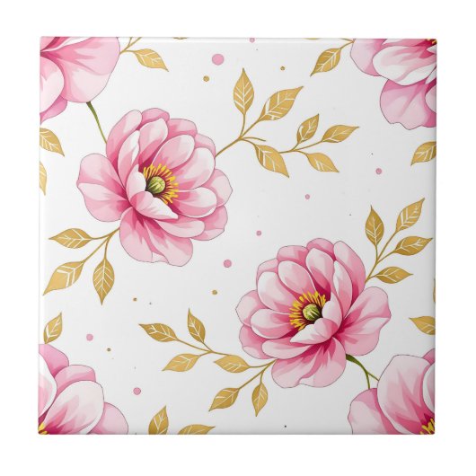 Roze Pioen Bloemen Gouden Bladeren Patroon Tegeltje (Voorkant)
